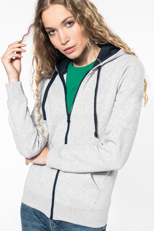 K467 Damessweater met rits en capuchon in contrasterende kleur
